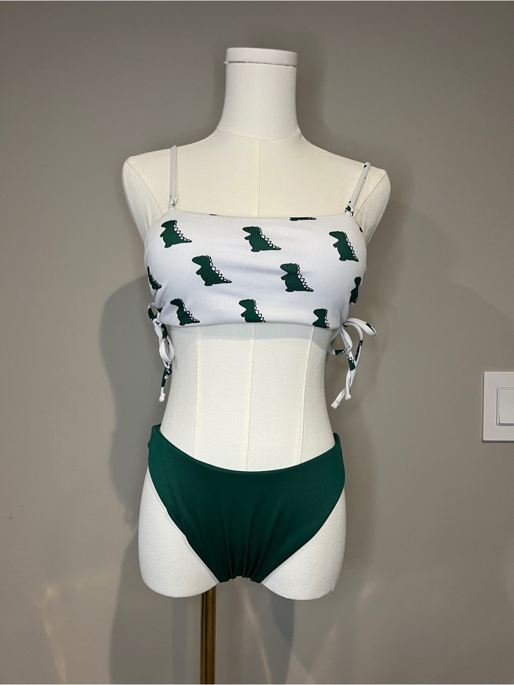 White Bikini Top with Green Dino Print & Forest Green Bottom